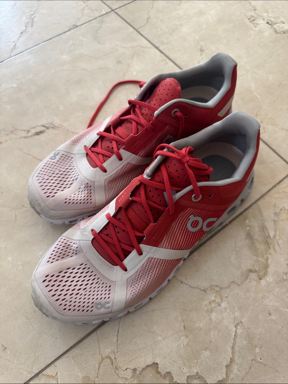 On Running Red and White Women's Sneakers with Gray Lining